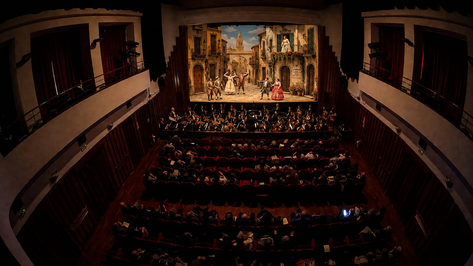 Rendering concettuale della scena: la piazza di Siviglia vista dalla platea, con fondale dipinto retroilluminato