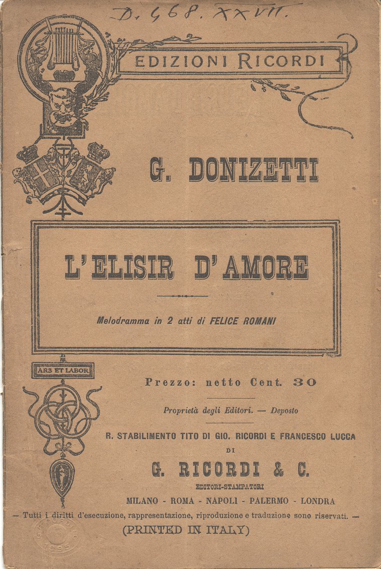 Frontespizio storico dell'Elisir d'Amore, edizione Ricordi, Milano 1832