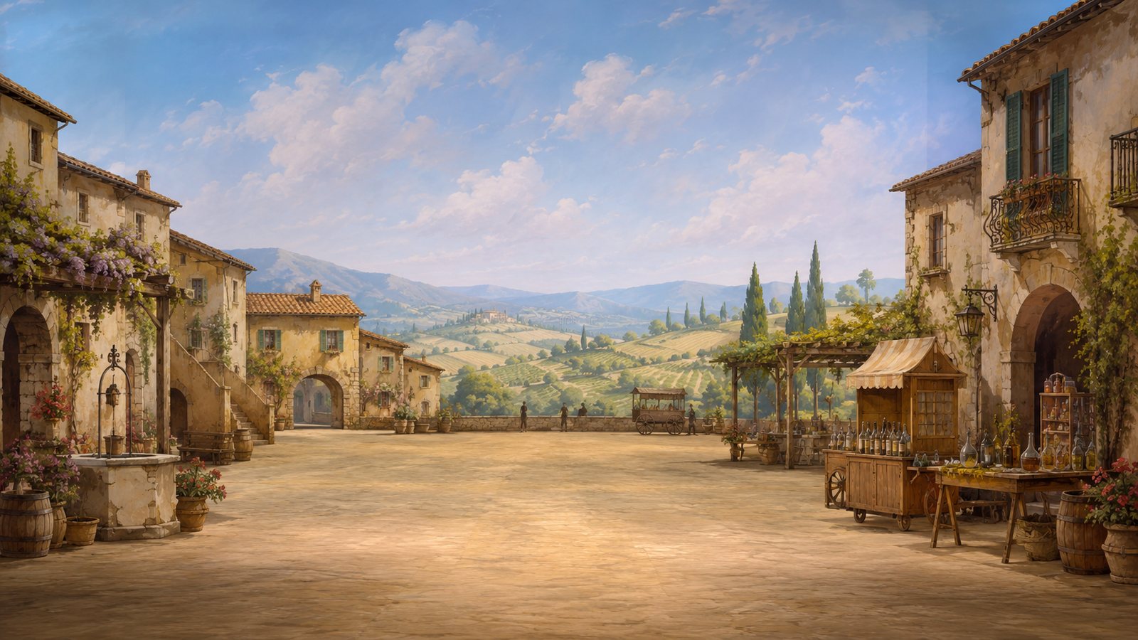 Rendering concettuale della scena: la piazza del paese su grande fondale retroproiettato