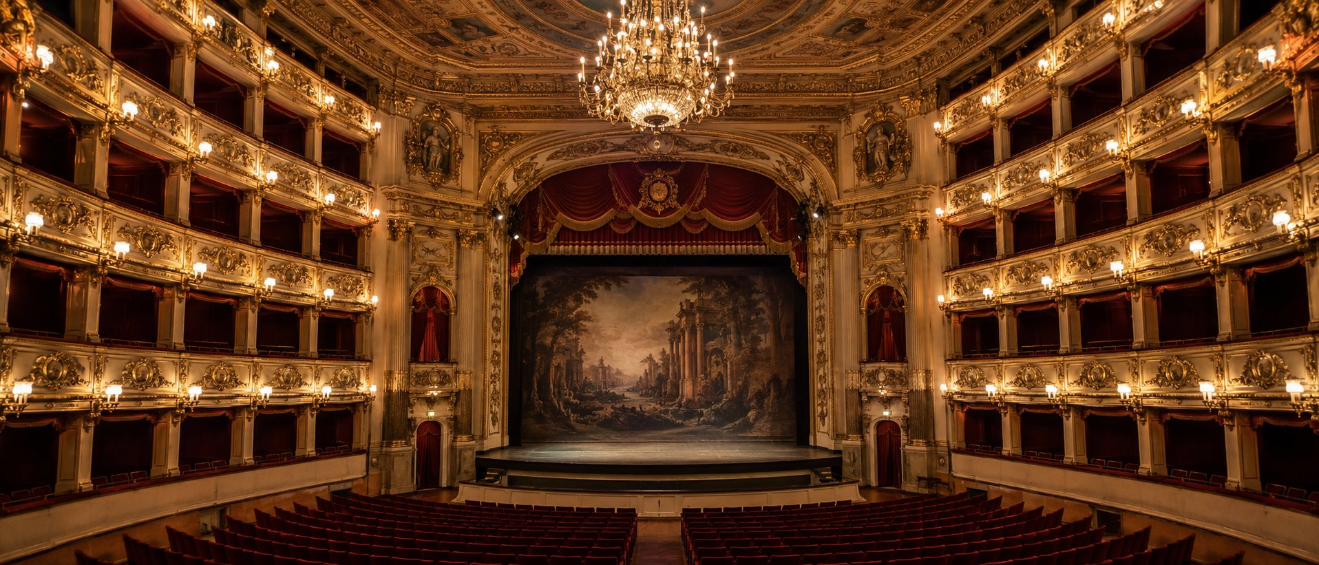La platea e i palchi di un teatro all'italiana, con il grande lampadario e il palcoscenico illuminato